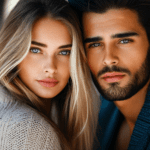 Eine Referenz für Firmen Fotografie von LochnerMedia. Ein Kategoriebild für die Kategorie: Kleidung & Accessoires von afterdeals. Eine hübsche Frau mit blonden Haaren und schöner Kleidung lehnt sich an einen hübschen Mann mit schwarzen Haaren an.